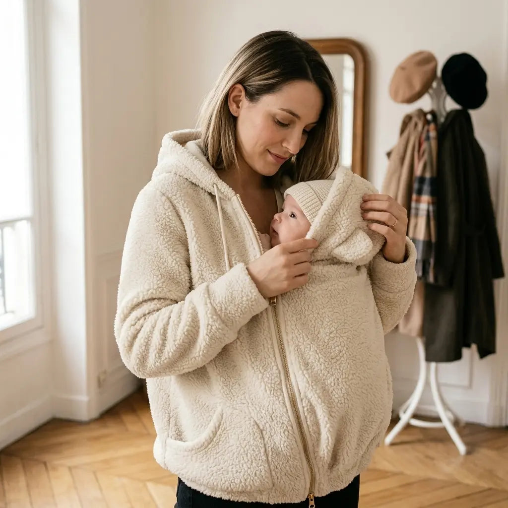 Veste Polaire de Portage — Poche Bébé Intégrée, Capuche Doublée