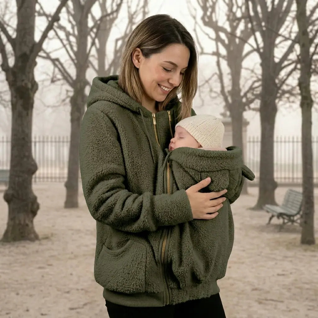 Veste Polaire de Portage — Poche Bébé Intégrée, Capuche Doublée